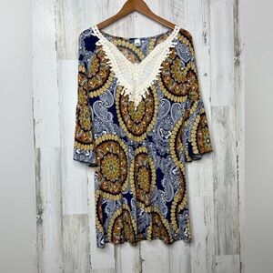 2B Together Floral Paisley Crochet Mini Dress Blue Brown Size Small